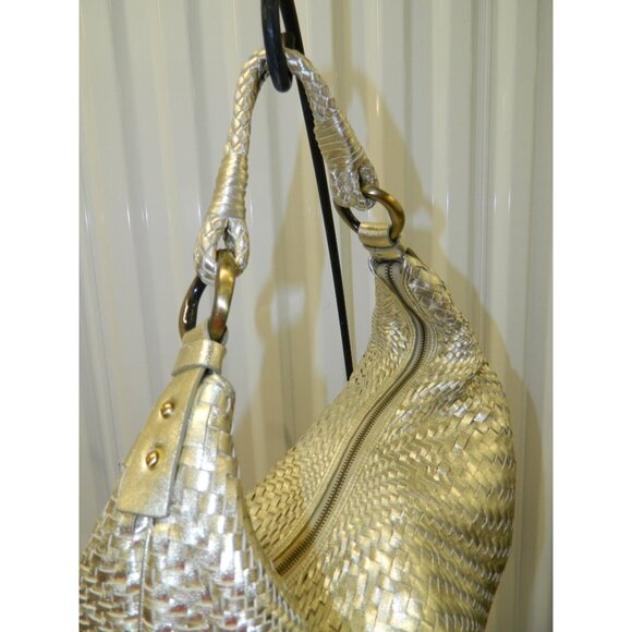 Cole Haan Genevieve Top Zip Hobo Metallic Gold Woven Leather Shoulder Bag - Picture 8 of 16